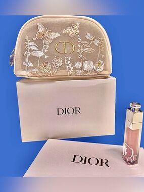 Dior 2Pc Lip Addict Maximizer & Cosmetic Bag Cream Floral &Butterfly Embroidered